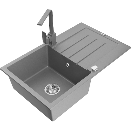 Mexen Bruno granite sink 1-bowl with drainer and Rita kitchen tap, grey - 6513-71-670300-71