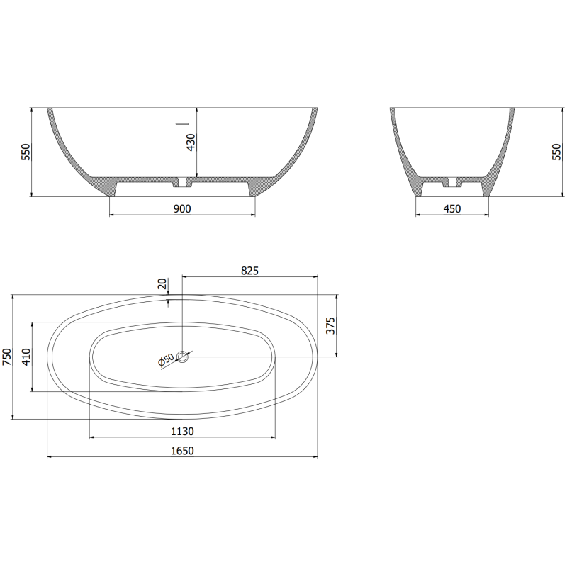 Mexen Bari vasca da bagno autoportante in conglomerato 165 x 75 cm, nero opaco - 57221657570