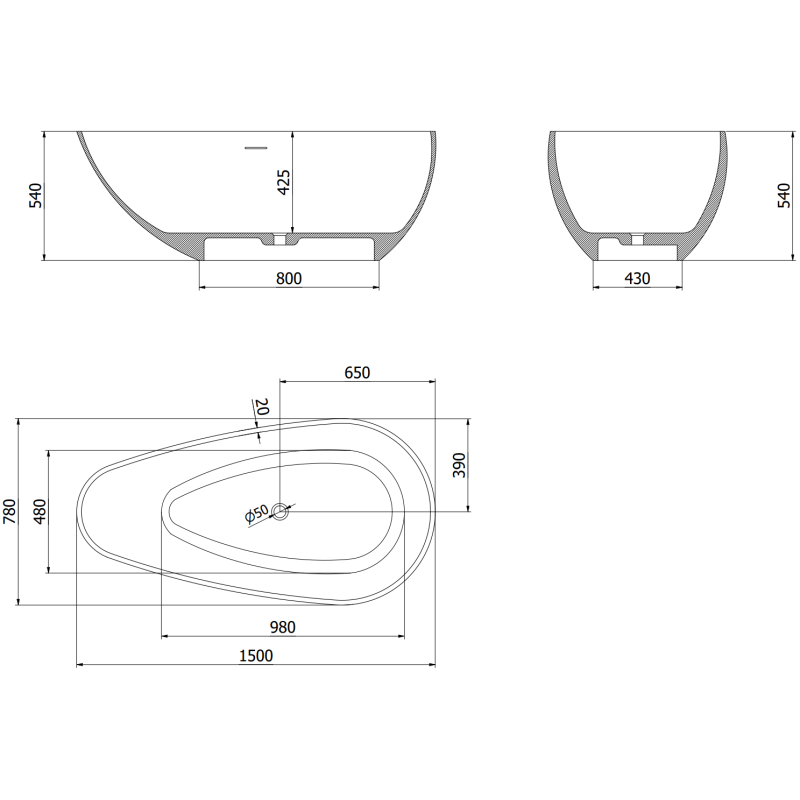 Mexen Palermo baignoire autoportante en conglomérat 150 x 78 cm, blanc mat - 57211507800