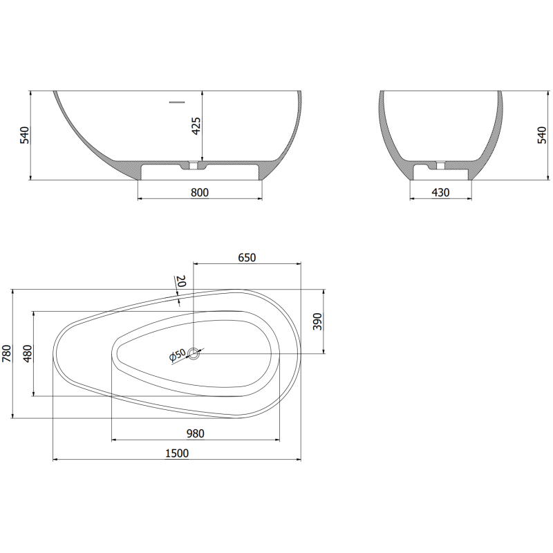 Mexen Palermo vasca da bagno freestanding in conglomerato 150 x 78 cm, bianco opaco - 57211507800