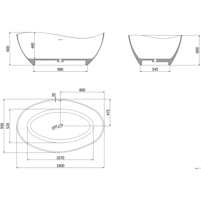 Mexen Parma vasca da bagno freestanding in conglomerato 160 x 95 cm, nero opaco - 57231609570