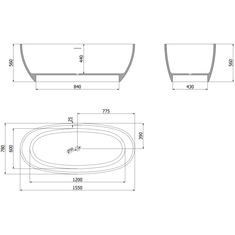 Mexen Torino vasca da bagno freestanding in conglomerato 155 x 78 cm, cemento opaco - 57271557861