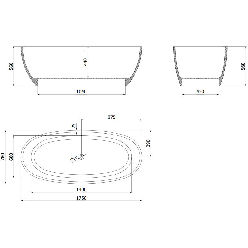 Mexen Torino freistane Badwan aus Konglomerat 175 x 78 cm, wäiss matt - 57271757800