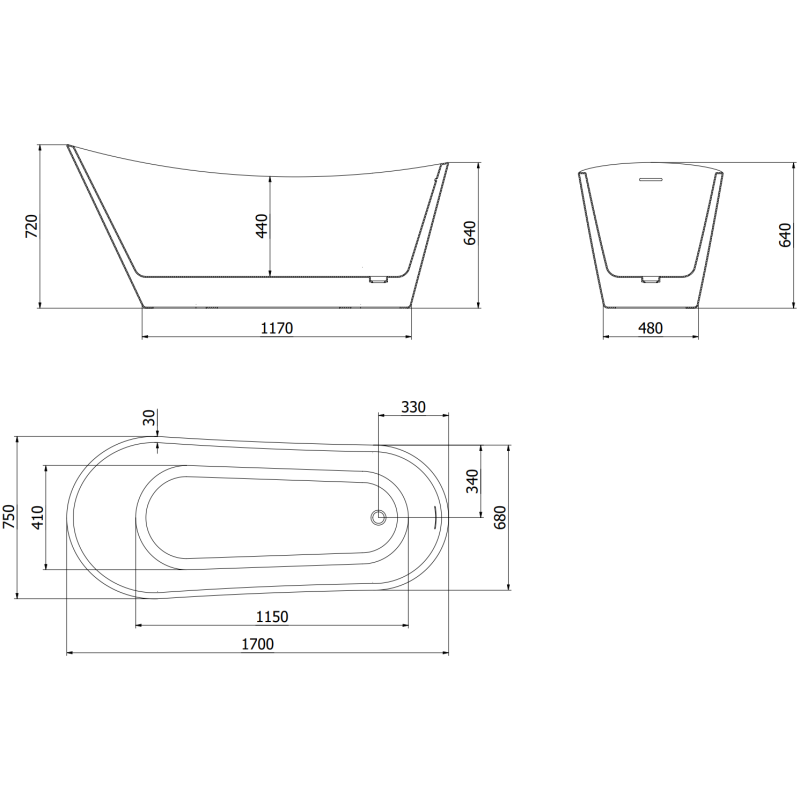 Mexen Alta baignoire autoportante 170 x 75 cm, blanche, trop-plein doré - 52141707500-50