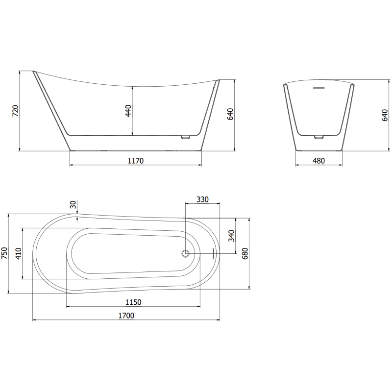 Mexen Alta μπανιέρα ελεύθερης τοποθέτησης 170 x 75 εκ., λευκή, υπερχείλιση