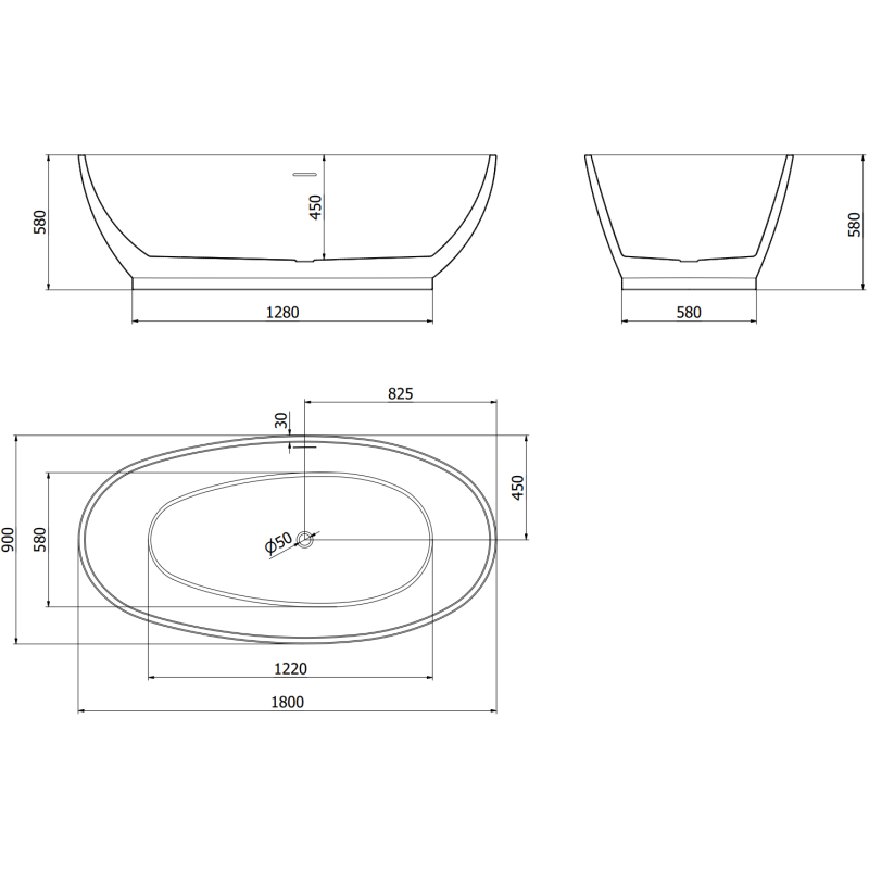 Mexen Bilbao freistehende Badewanne 180 x 90 cm, weiß, Überlauf gebürstetes Gold - 51311809000-55
