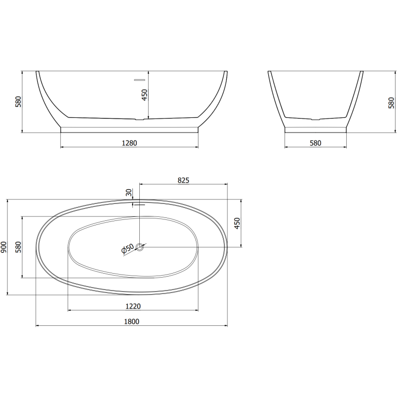 Mexen Bilbao μπανιέρα ελεύθερης τοποθέτησης 180 x 90 cm, λευκή, με υπερχείλιση gun