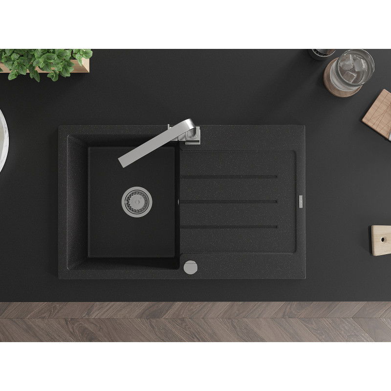 Mexen Bruno Granit-Spüle 1-becken mit Abtropffläche und Küchenarmatur Rita, schwarz/silber metallic - 6513-73-670300-00
