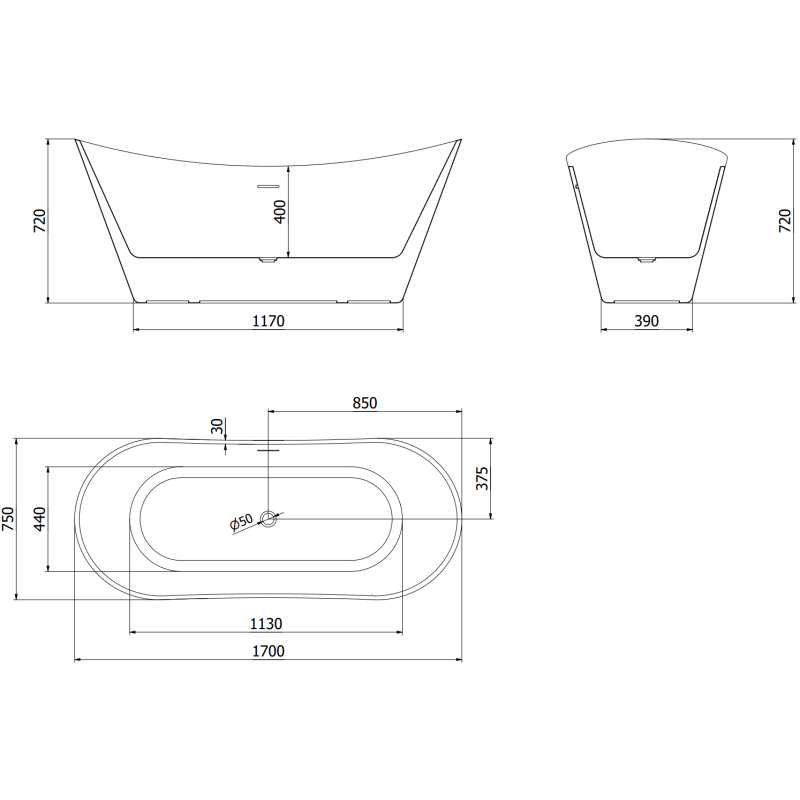 Mexen Celia 170 x 75 cm Freestanding Bath, White, Brushed Copper Overflow - 52331707500-65