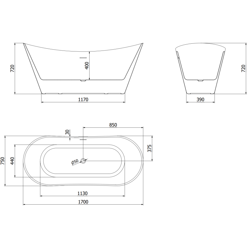 Mexen Celia μπανιέρα ελεύθερης τοποθέτησης 170 x 75 cm, λευκή/μαύρη,