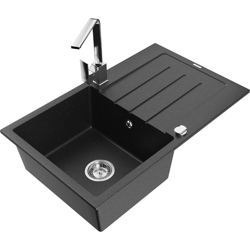Mexen Bruno évier en granit 1 bac avec égouttoir et mitigeur cuisine Rita, noir/argenté métallisé - 6513-73-670300-00