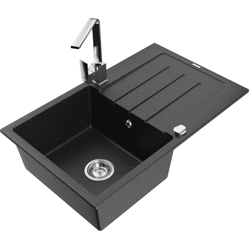 Mexen Bruno single-chamber granite sink with drainer and Rita kitchen tap, black/silver metallic - 6513-73-670300-00