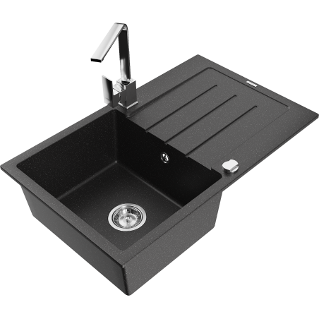 Mexen Bruno single-chamber granite sink with drainer and Rita kitchen tap, black/silver metallic - 6513-73-670300-00