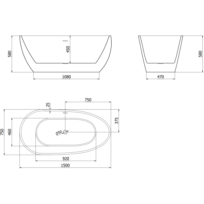 Mexen Eos vasca da bagno indipendente 150 x 75 cm, bianca, troppo pieno nichel spazzolato - 52471507500-97