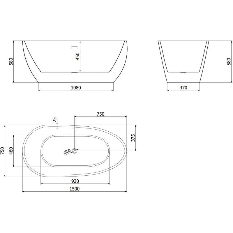 Mexen Eos baignoire autoportante 150 x 75 cm, blanc/noir, trop-plein gris canon brossé - 52471507575-66