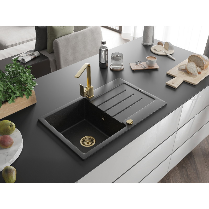 Mexen Bruno granitspüle mit 1 becken, abtropffläche und küchenarmatur Rita, schwarz/silber metallic - 6513-73-670300-50