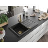 Mexen Bruno granitspüle mit 1 becken, abtropffläche und küchenarmatur Rita, schwarz/silber metallic - 6513-73-670300-50