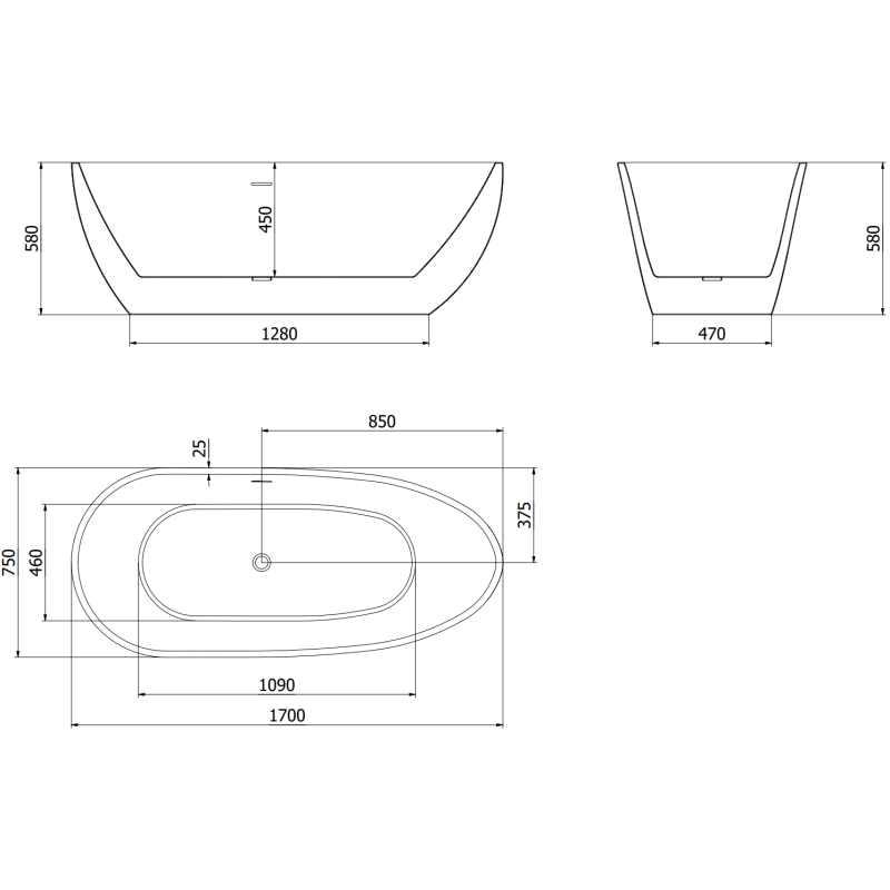 Mexen Eos freistehende Badewanne 170 x 75 cm, weiß/schwarz, Überlauf gun gray gebürstet - 52471707575-66