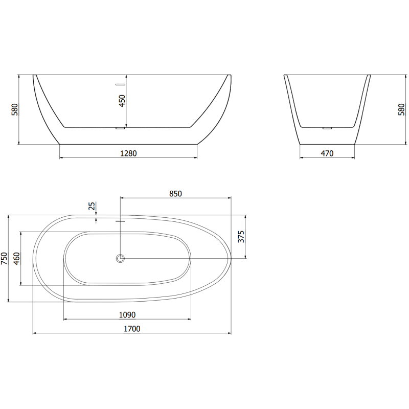 Mexen Eos vrijstaande badkuip 170 x 75 cm, wit/zwart, overloop gun gray geborsteld - 52471707575-66