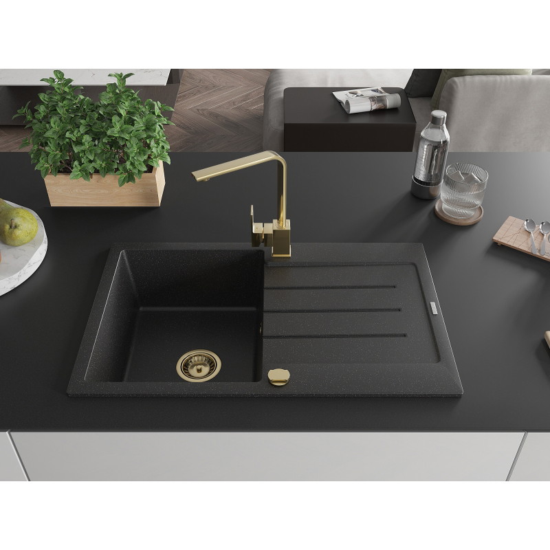 Mexen Bruno granitspüle mit 1 becken, abtropffläche und küchenarmatur Rita, schwarz/silber metallic - 6513-73-670300-50