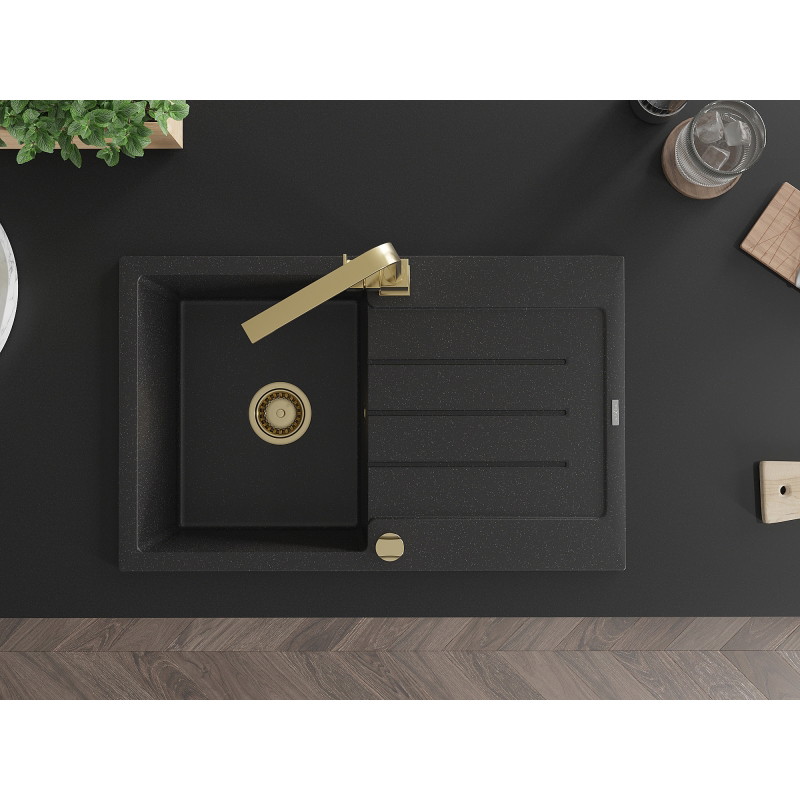 Mexen Bruno granitspüle mit 1 becken, abtropffläche und küchenarmatur Rita, schwarz/silber metallic - 6513-73-670300-50