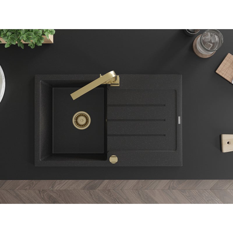 Mexen Bruno lava-loiça de granito de 1 cuba com escorredor e torneira de cozinha Rita, preto/prateado metálico