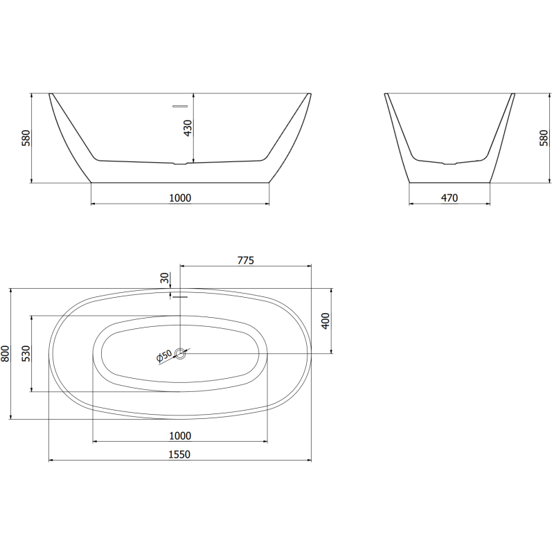 Mexen Eris free-standing bathtub 155 x 80 cm, white/black, black overflow - 53441558075-70