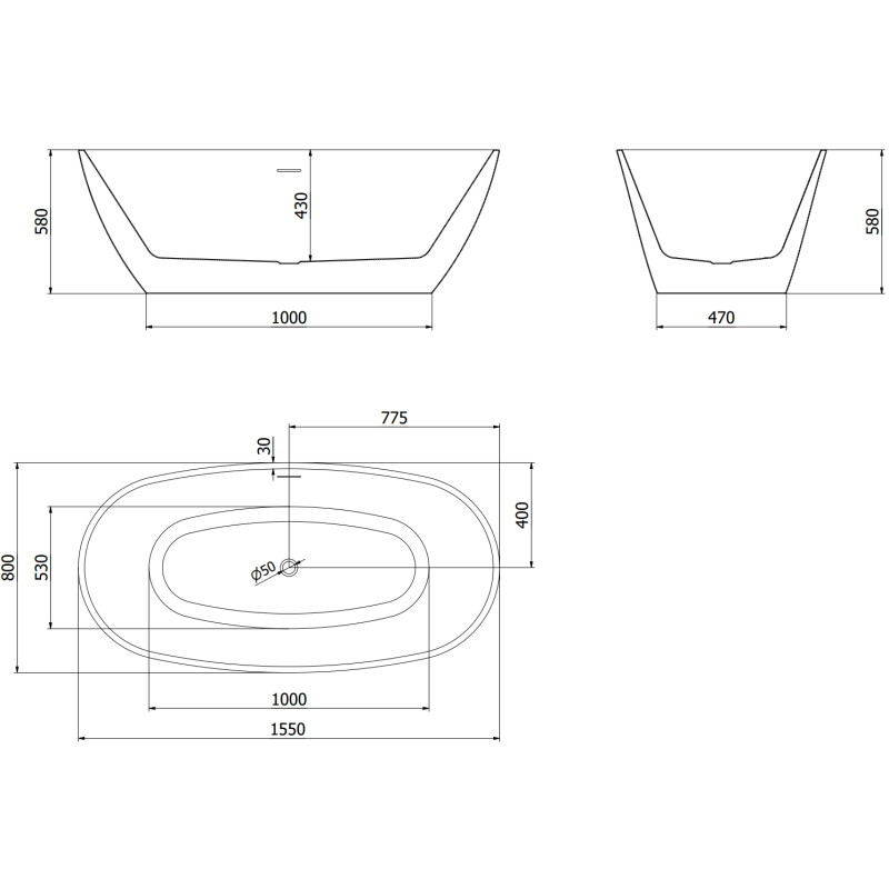 Mexen Eris vabaltiseisev vann 155 x 80 cm, valge/must, must ülevool - 53441558075-70