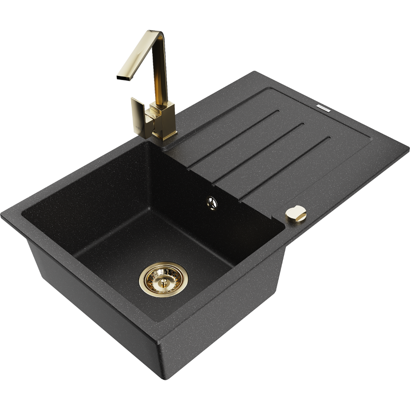Mexen Bruno Granitspüle, 1 Becken mit Abtropffläche und Küchenarmatur Rita, schwarz/silber metallic - 6513-73-670300-50