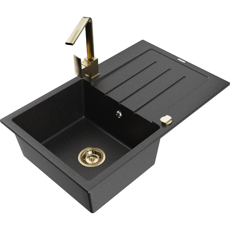 Mexen Bruno granitspüle mit 1 becken, abtropffläche und küchenarmatur Rita, schwarz/silber metallic - 6513-73-670300-50