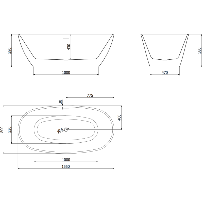 Mexen Eris vrijstaande badkuip 155 x 80 cm, wit/zwart, chroom overloop - 53441558075-01