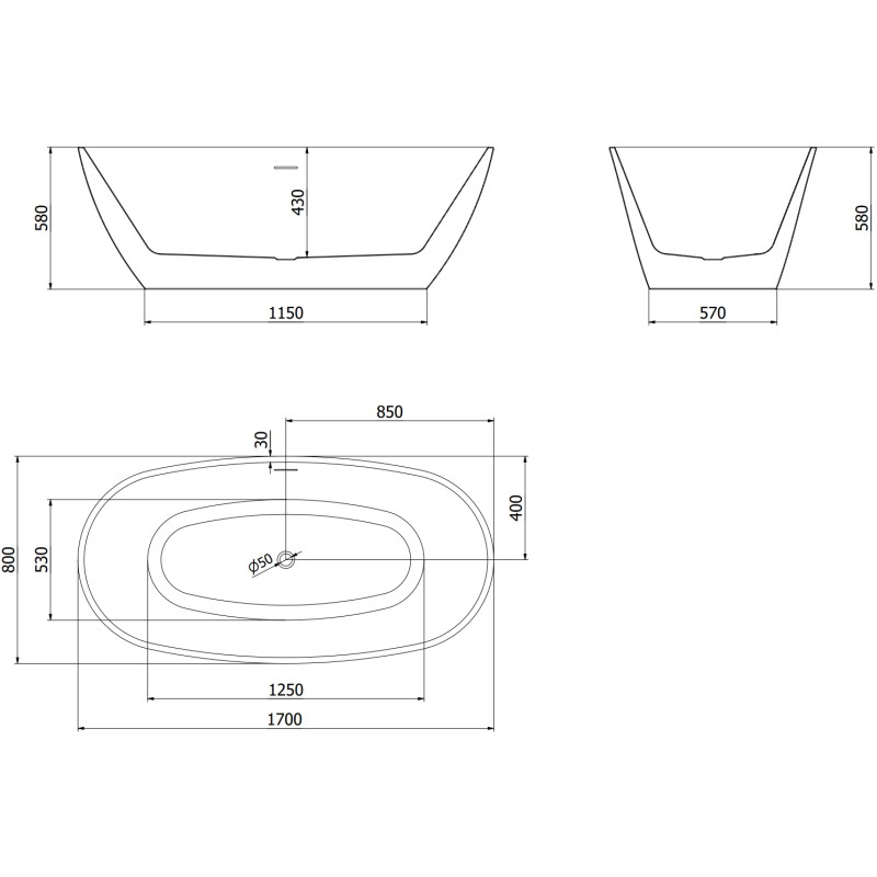 Mexen Eris vabalt seisev vann 170 x 80 cm, valge, ülevool kuldne harjatud - 53441708000-55