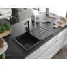 Mexen Bruno granite kitchen sink single-bowl with drainer and Rita kitchen tap, black/silver metallic - 6513-73-670300-70-B