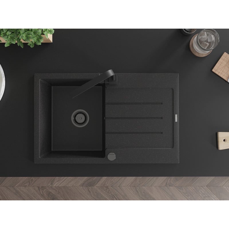 Mexen Bruno Granitspüle 1-Becken mit Abtropffläche und Küchenarmatur Rita, schwarz/silber metallic - 6513-73-670300-70-B