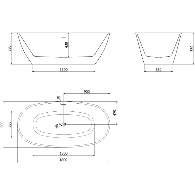 Mexen Eris vabaltiseisev vann 180 x 95 cm, valge, gun metal ülevooluga - 53441809500-95