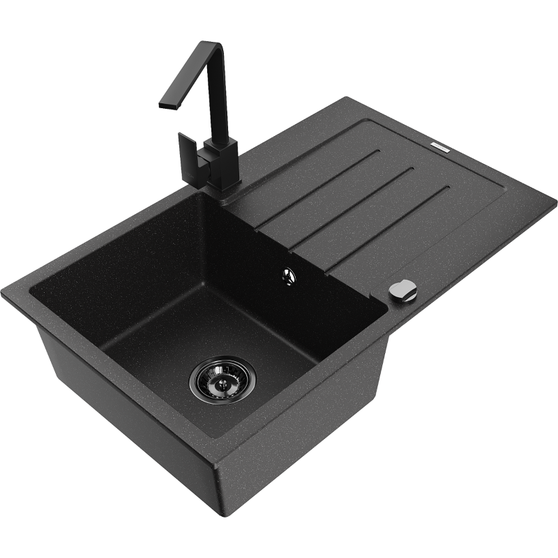 Mexen Bruno granite kitchen sink single-bowl with drainer and Rita kitchen tap, black/silver metallic - 6513-73-670300-70-B
