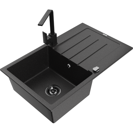 Mexen Bruno graniittinen 1-altainen keittiöallas astiankuivaustelineellä ja keittiöhana Rita, musta/hopea metallihohto