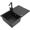 Mexen Bruno granite kitchen sink single-bowl with drainer and Rita kitchen tap, black/silver metallic - 6513-73-670300-70-B