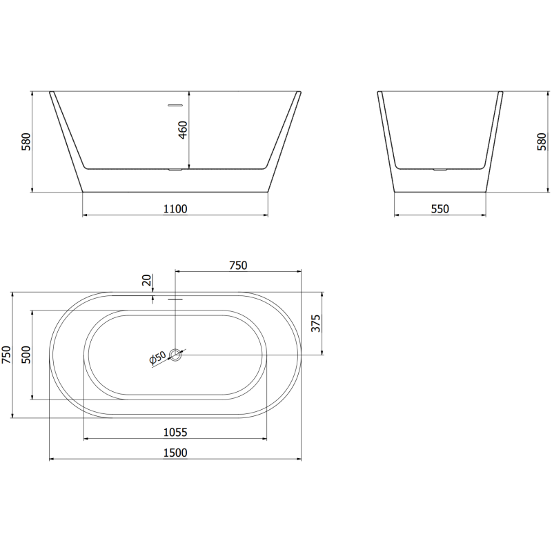 Mexen Flavia 150 x 75 cm Freestanding Bath, White/Black, Black Overflow - 54031507575-70