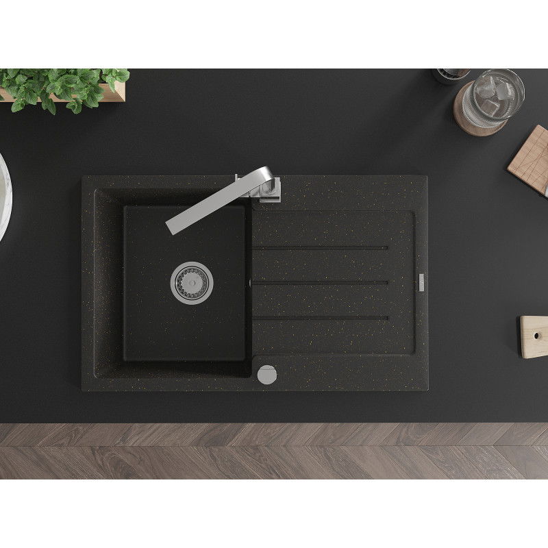 Mexen Bruno 1-bowl granite sink with drainer and Rita kitchen tap, black/gold metallic - 6513-75-670300-00