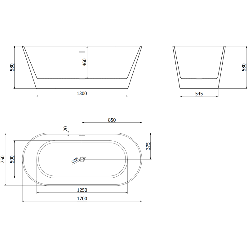 Mexen Flavia baignoire autoportante 170 x 75 cm, blanche, trop-plein nickel brossé - 54031708000-97