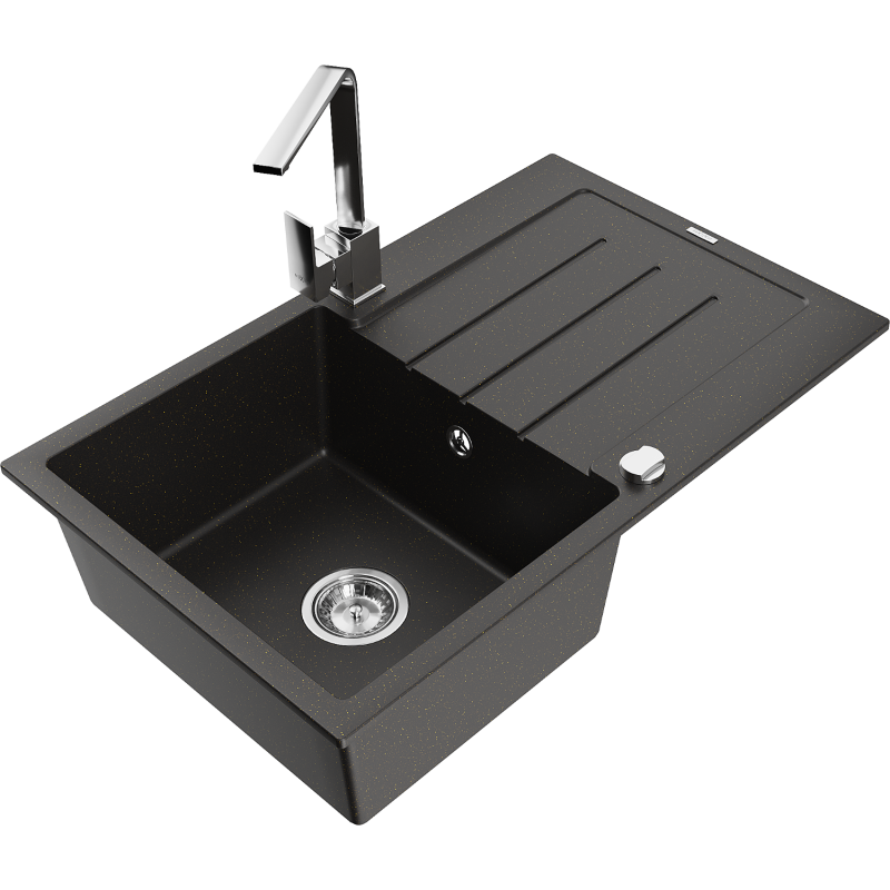 Mexen Bruno 1-bowl granite sink with drainer and Rita kitchen tap, black/gold metallic - 6513-75-670300-00