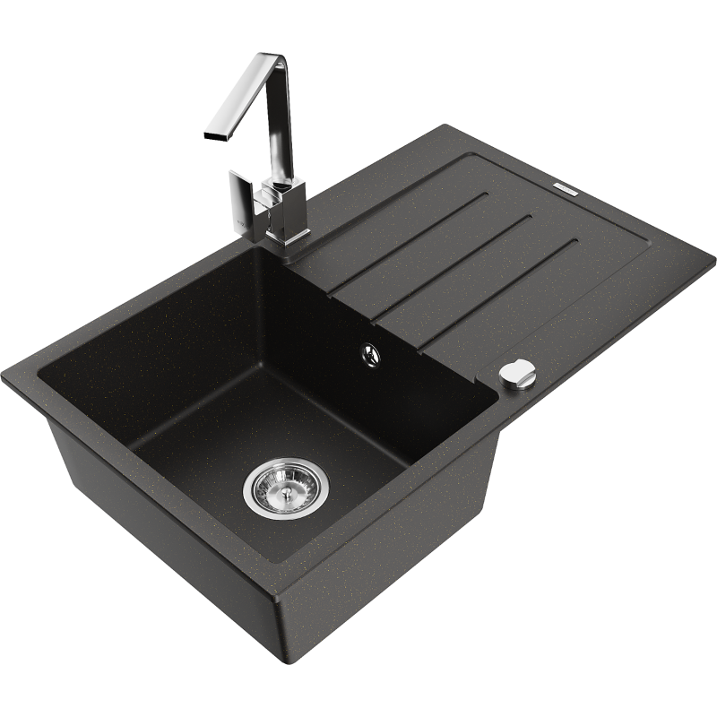 Mexen Bruno fregadero de granito de 1 cubeta con escurridor y grifo de cocina Rita, negro/oro metálico - 6513-75-670300-00