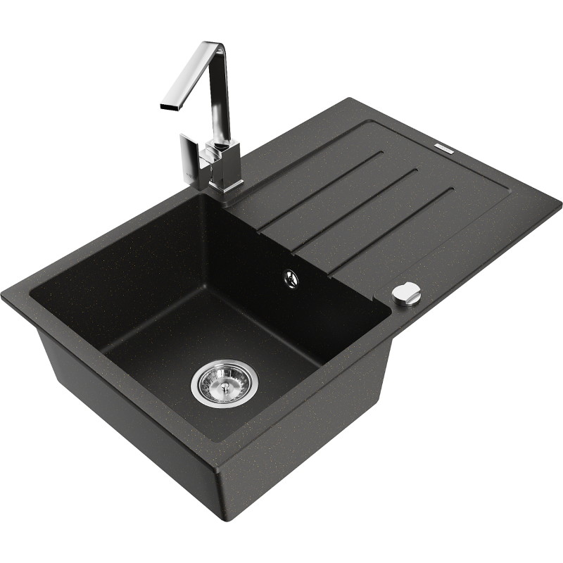 Mexen Bruno fregadero de granito de 1 seno con escurridor y grifo de cocina Rita, negro/dorado metálico - 6513-75-670300-00
