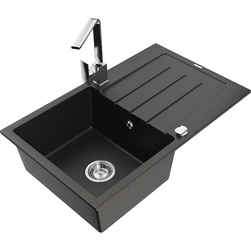 Mexen Bruno granitdiskbänk 1-fack med avrinningsyta och köksblandare Rita, svart/guld metallic - 6513-75-670300-00