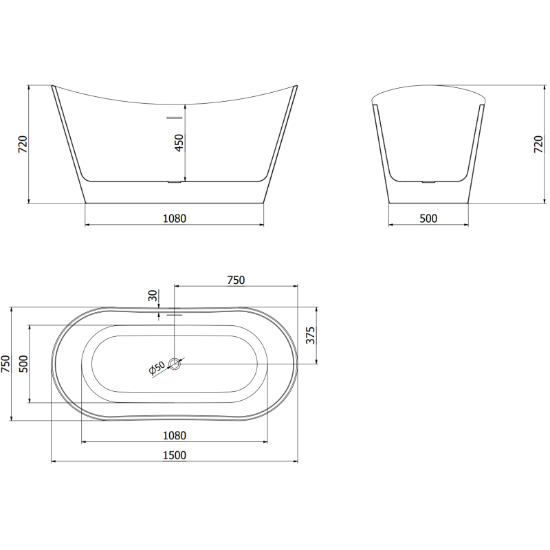 Mexen Montana freistehende Badewanne 150 x 75 cm, weiß, Überlauf gebürstetes Kupfer - 52011507500-65