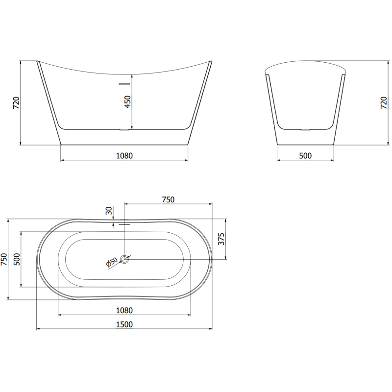 Mexen Montana freestanding bathtub 150 x 75 cm, white/black, black overflow - 52011507575-70