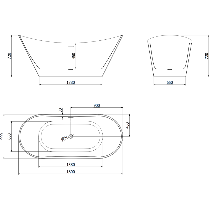 Mexen Montana free-standing bath 180 x 90 cm, white, brushed copper overflow - 52011809000-65