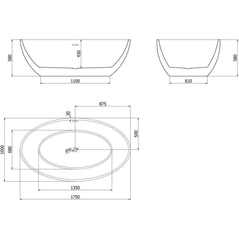 Mexen Nike freestanding bath 175 x 100 cm, white, brushed copper overflow - 54071751000-65