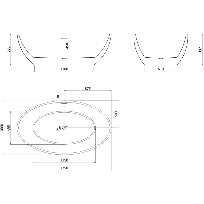 Mexen Nike vasca da bagno autoportante 175 x 100 cm, bianca, troppo pieno oro rosa - 54071751000-60